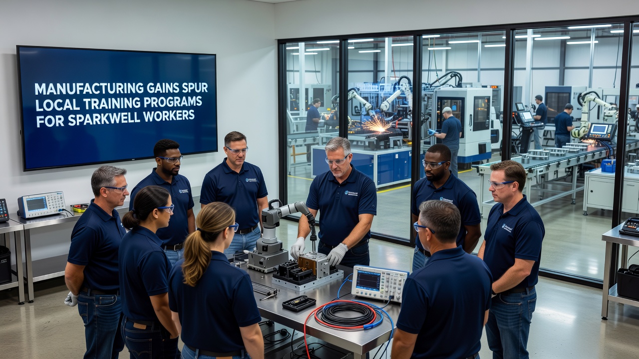 Group of Sparkwell trainees reviewing technical diagrams during an industrial maintenance workshop