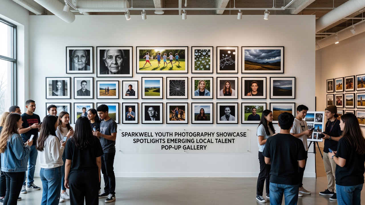 Visitors examine prints by young local artists inside the Sparkwell pop-up photography gallery